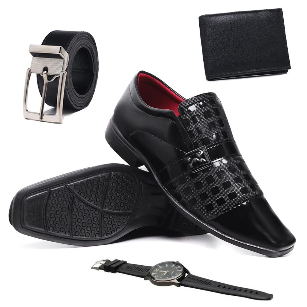 relogio masculino com sapato social de verniz, cinto e carteira em kit completo