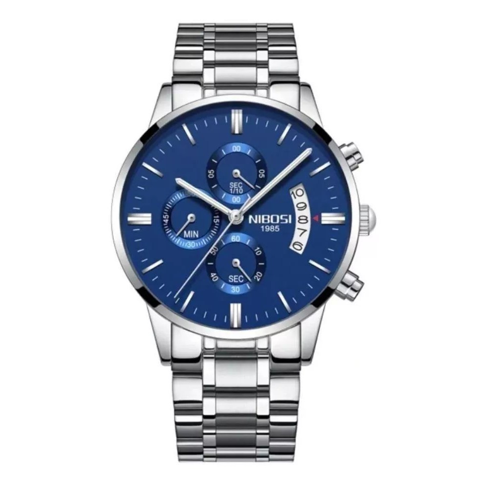 relogio masculino Nibosi 2309 prateado com visor azul, aço inoxidável 43mm e cronógrafo funcional