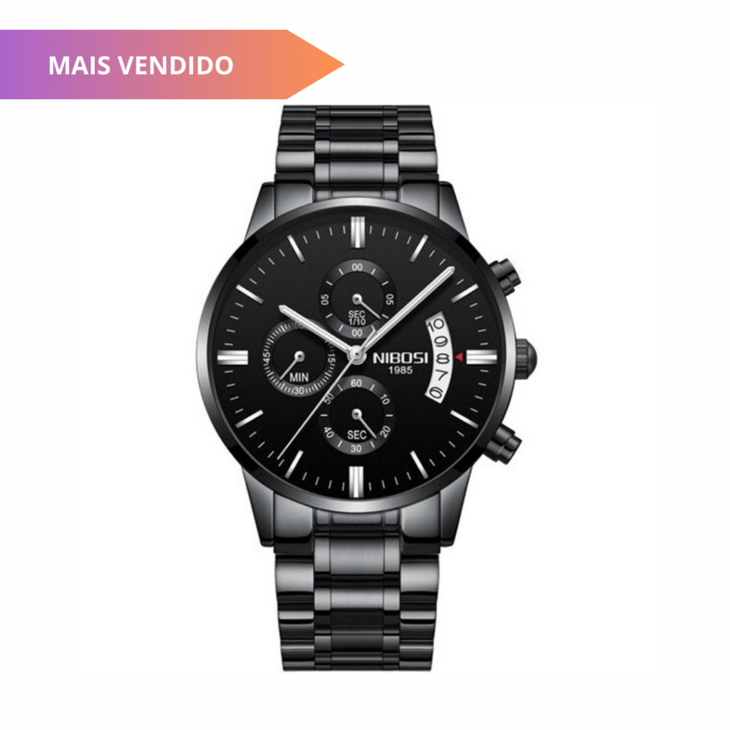 relogio masculino Nibosi 2309 em aço inox com cronógrafo funcional nas cores dourado, preto e prata