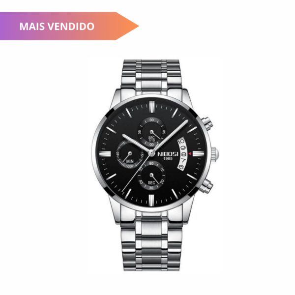 Relógio masculino Nibosi 2309 prateado em aço inoxidável com cronógrafo funcional e estojo original