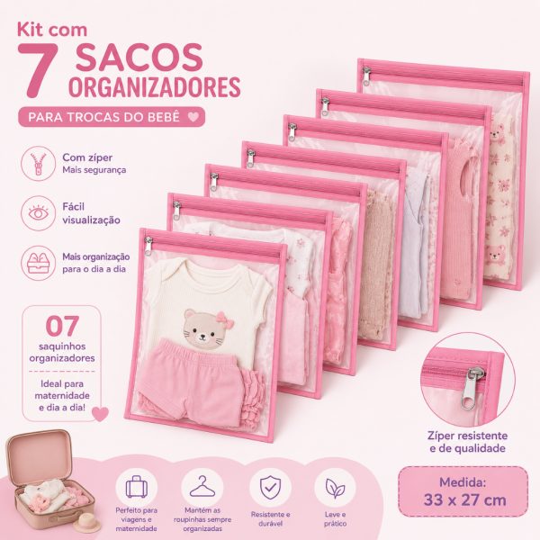 Roupa bebe organizada em kit 7 saquinhos maternidade 27 x 33 cm para mala e viagem