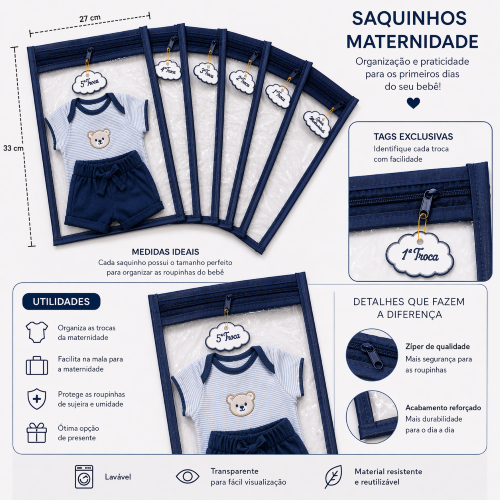 Roupa bebe organizada em 6 saquinhos maternidade com 6 tags identificadoras para mala de viagem