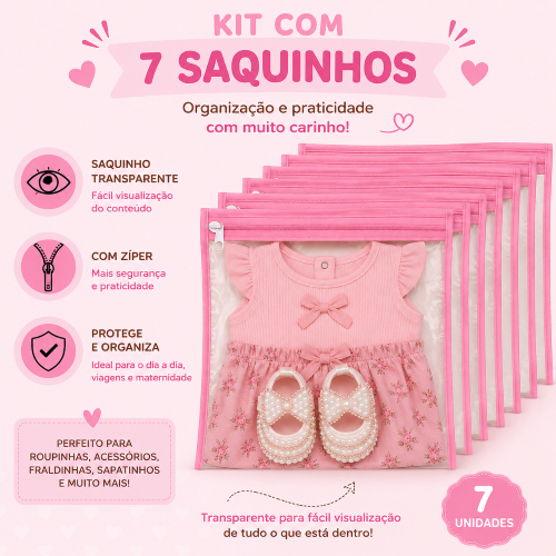 roupa bebe organizada em Kit 7 Saquinhos Maternidade para mala e viagem