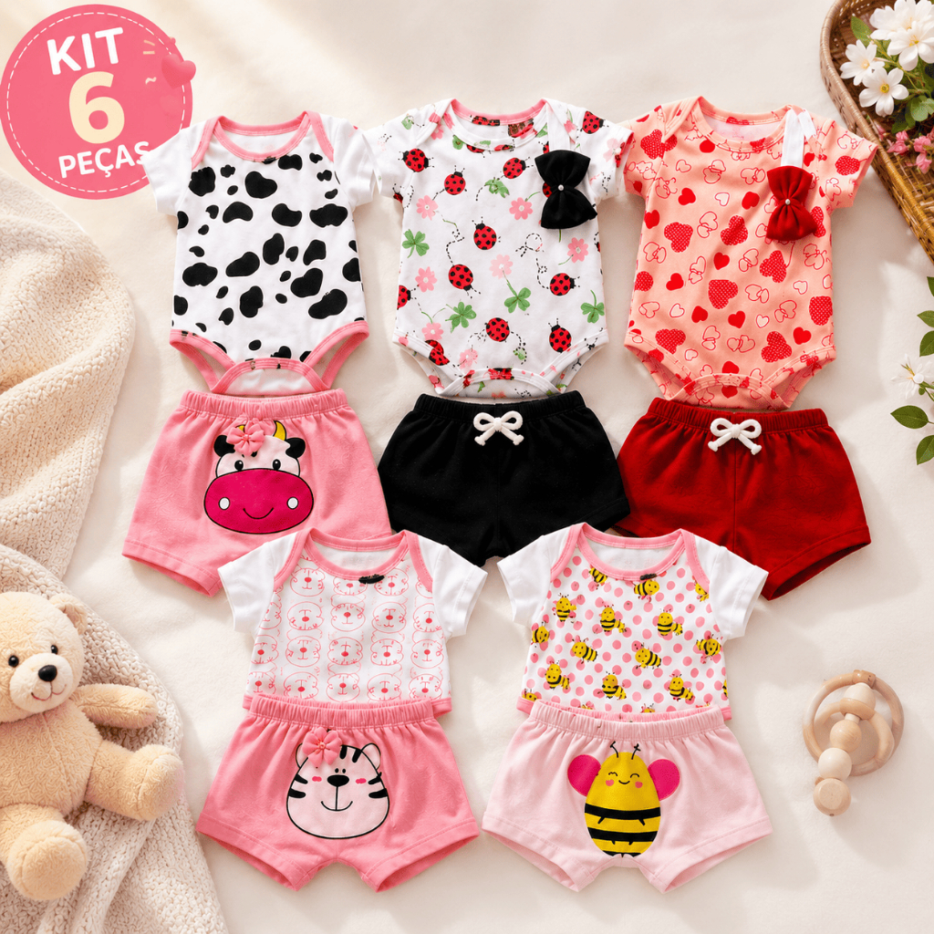 Roupa de bebê body menina em kit com 6 peças de algodão estampado animado