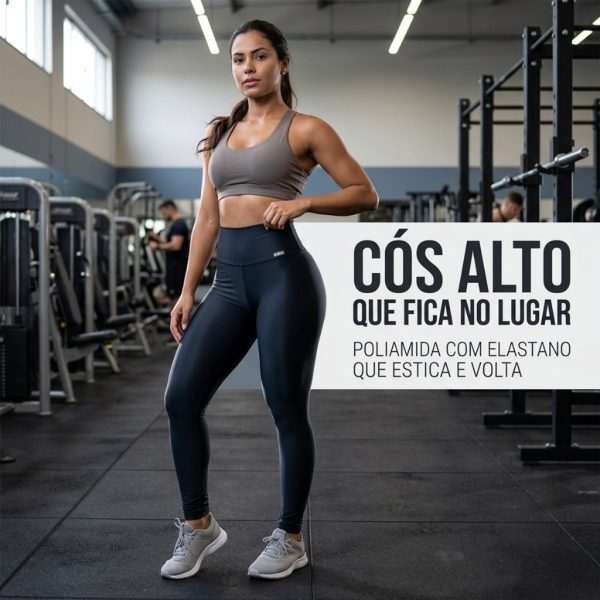 Roupa fitness legging feminina de poliamida com elastano, cós alto e efeito levanta bumbum, lisa para academia e estilo de rua