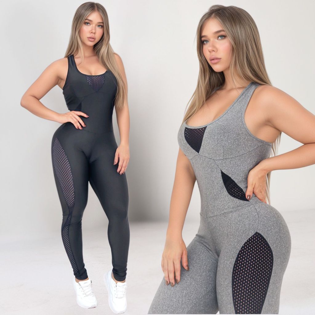 Roupa fitness feminina: macacão em tela com bojo removível para academia em promoção