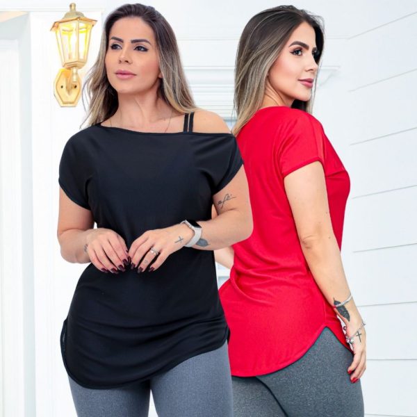 Roupa fitness feminina: kit 2 blusas mullet alongada tapa bumbum decote ombro só dry fit