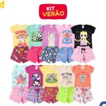 Roupa infantil menina conjunto com 3 camisetas e 3 shorts de algodão para verão
