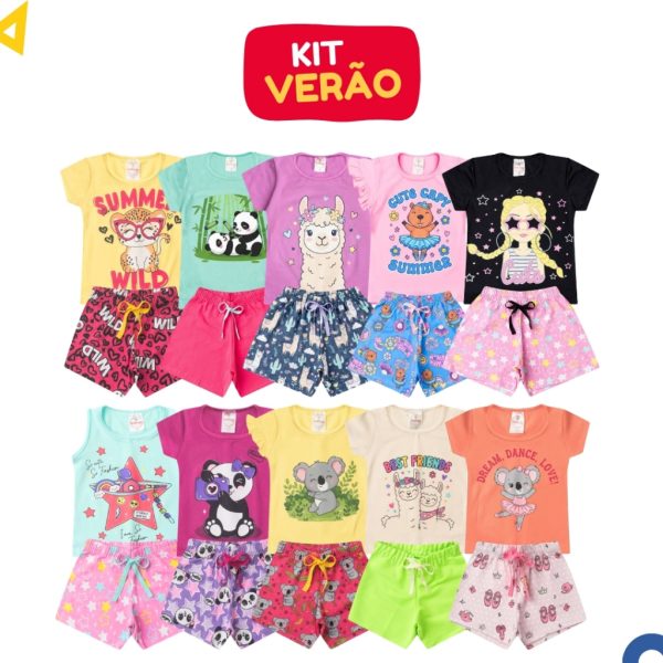 Roupa infantil menina conjunto com 3 camisetas e 3 shorts de algodão para verão