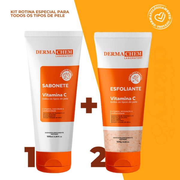 Sabonete facial vitamina C Dermachem kit com esfoliante clareador