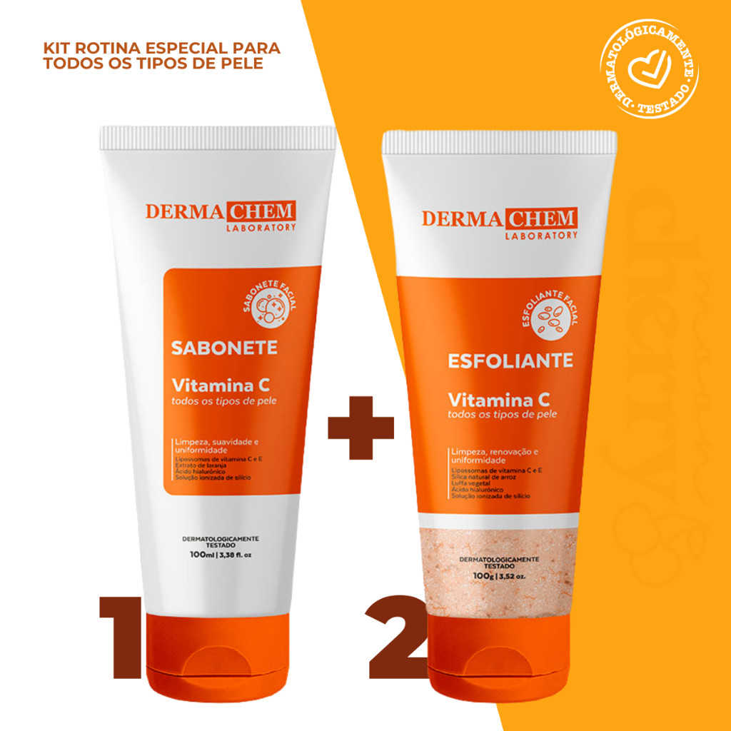 Sabonete facial vitamina C Dermachem kit com esfoliante clareador