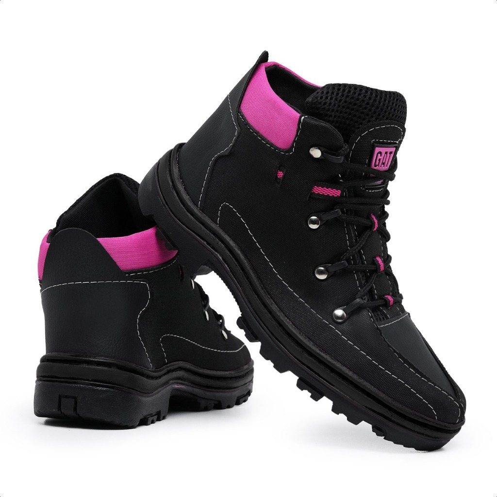 sapato feminino bota coturno adventure cano curto preto e rosa do 33 ao 40