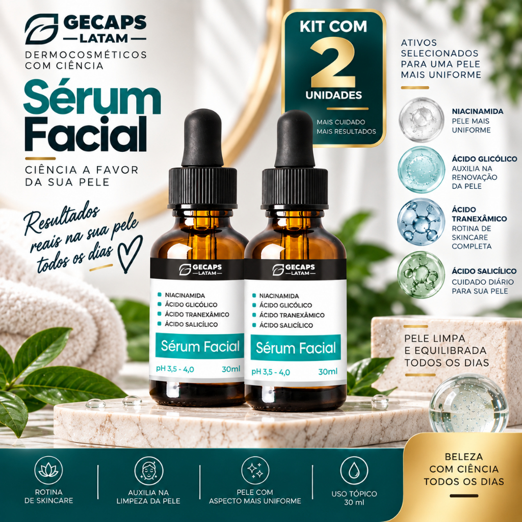 Sérum facial clareador 2x30ml com niacinamida e ácido tranexâmico
