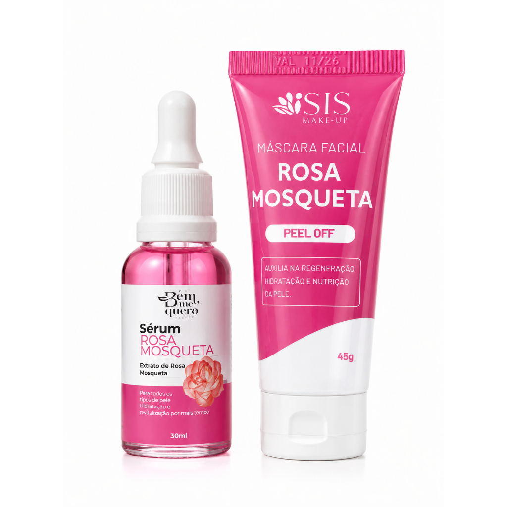 serum facial com Rosa Mosqueta e máscara peel off do kit de hidratação e regeneração da pele