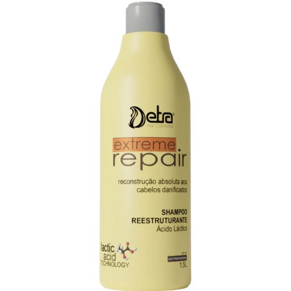 Shampoo ultra reestruturante Extreme Repair 1,5 litros da Detra para reparação extrema
