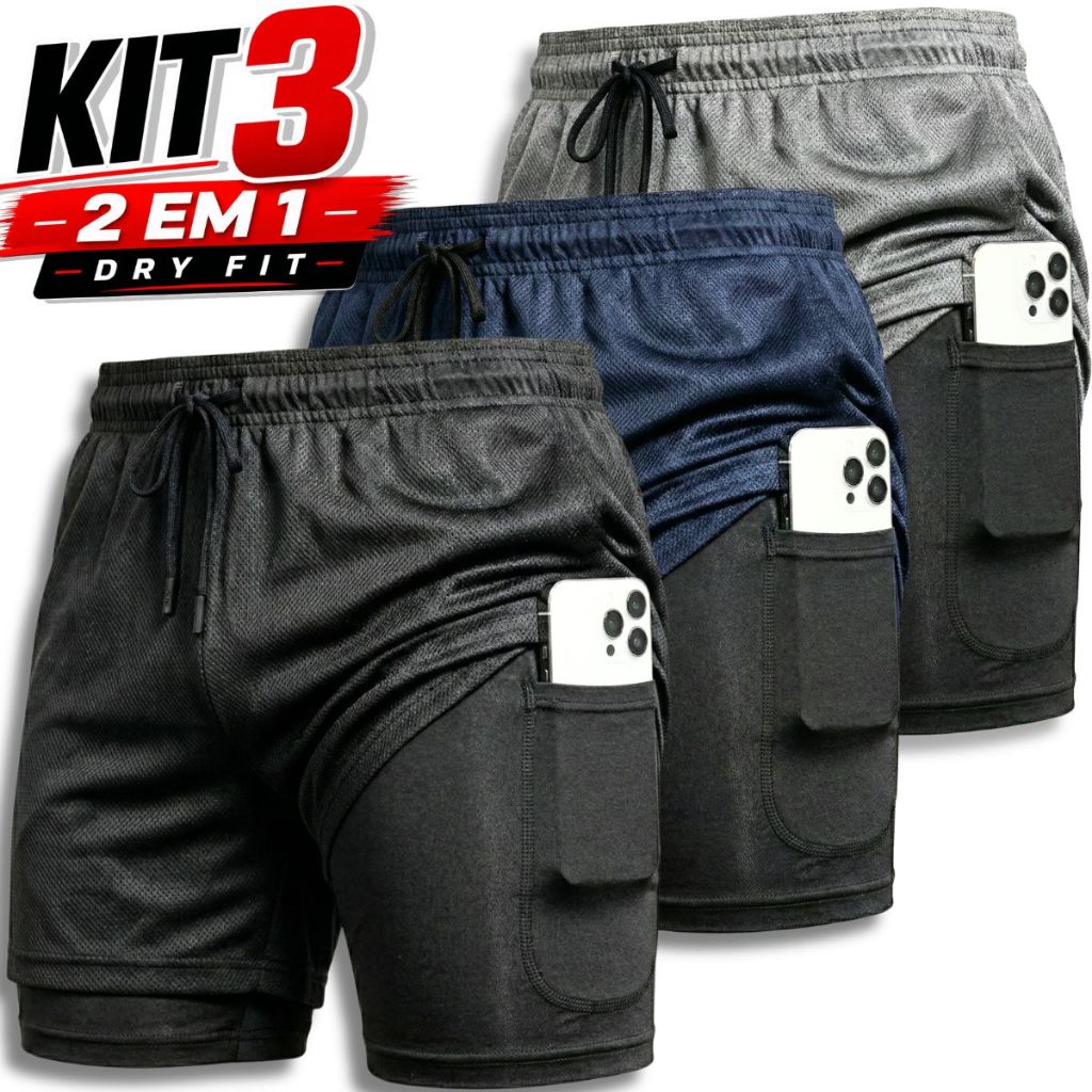 Shorts em dryfit masculino kit 3 unidades 2 em 1 para academia e corrida