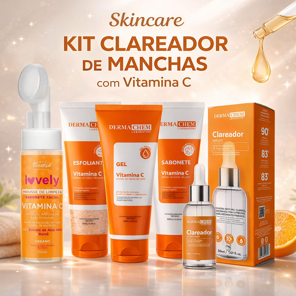 Skincare vitamina dermachem serum clareador com sabonete esfoliante e mousse de limpeza