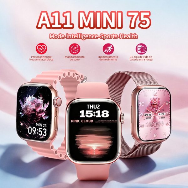 smartwatch feminino A11 Mini com foto na tela, NFC e monitor cardíaco à prova d'água