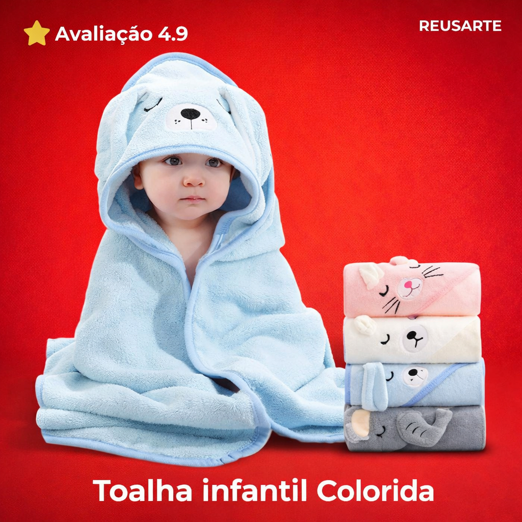 Toalha banho bebê capuz com bichinho bordado para recém-nascido