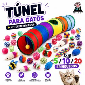 túnel para gatos com brinquedos interativos colorido e dobrável kit HL PET