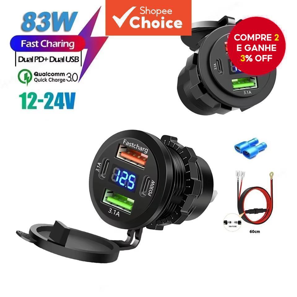USB 83W PD Tipo C carregador de carro com tomada dupla e voltímetro LED à prova d'água