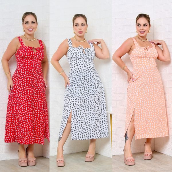 Vestido feminino camponesa regata com elástex nas costas e fenda lateral rodado florido