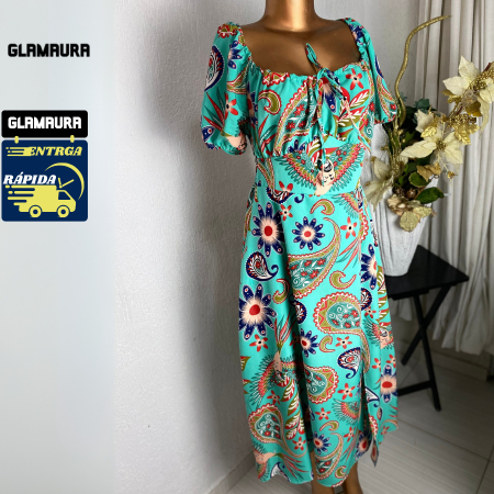 Vestido feminino Glamaura tropical com estampa de araras, manga bufante e fenda na coxa