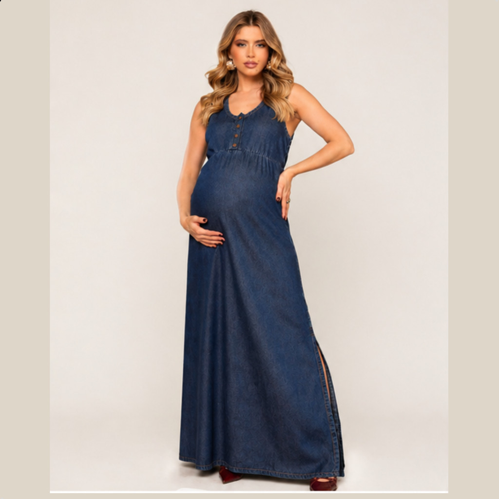 Vestido feminino jeans gestante amamentação elegante com cós anatômico