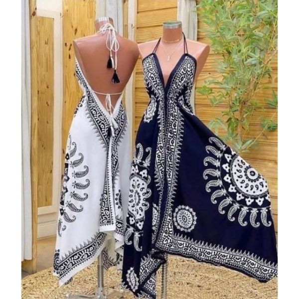 Vestido feminino indiano longo com lenço e costa nua em tamanho único