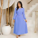 Vestido feminino longo forrado com saia plissada e manga longa para meia estação