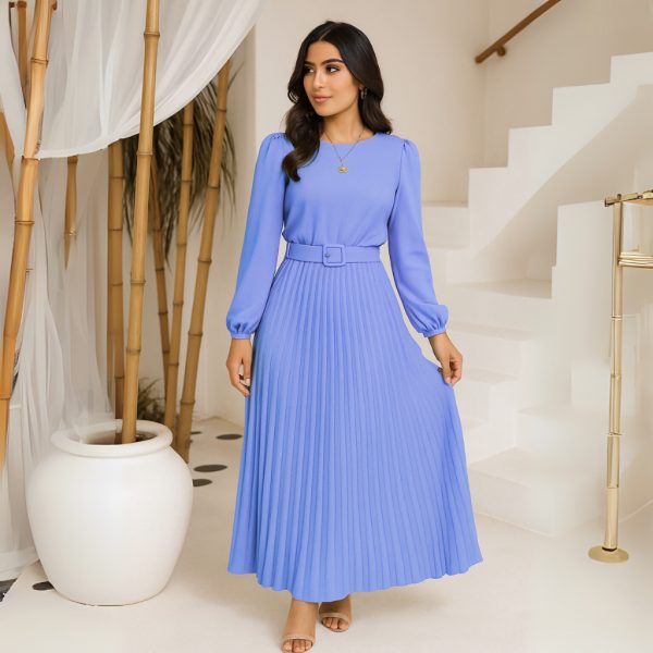 Vestido feminino longo forrado com saia plissada e manga longa para meia estação