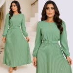 vestido feminino evangélico forrado manga longa plissado com cinto Duna