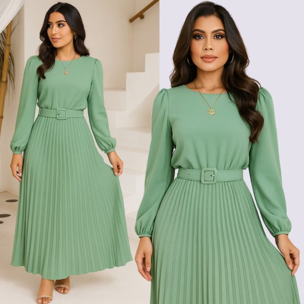vestido feminino evangélico forrado manga longa plissado com cinto Duna
