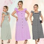 Vestido feminino longo florido com babado, manga e botão frontal e alça dupla