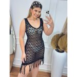 Vestido feminino saída de praia tricot transparente com renda e franjas para verão