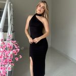 Vestido feminino longo festa um ombro só gola alta fenda suplex elegante