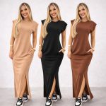 Vestido longo casual básico feminino ribana canelada manga muscle moda gringa preto marrom plus size