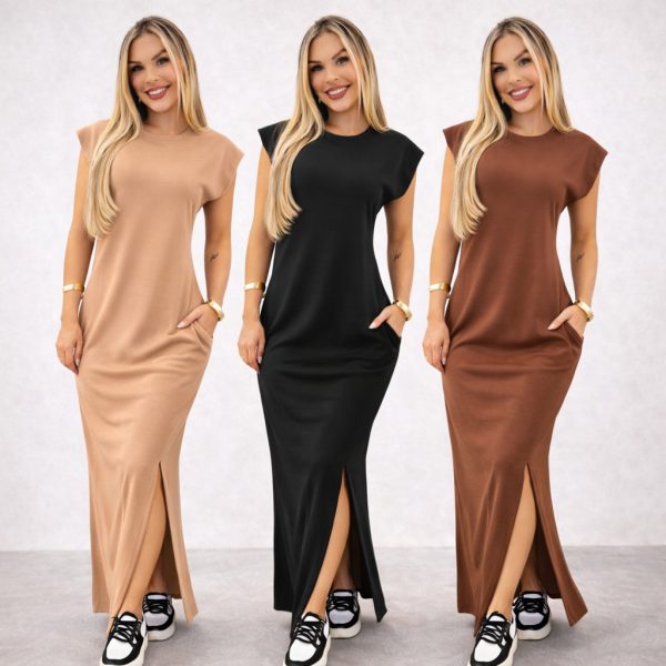 Vestido longo casual básico feminino ribana canelada manga muscle moda gringa preto marrom plus size