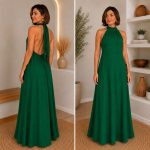 Vestido longo gola alta com costa nua frente única para formatura e festa